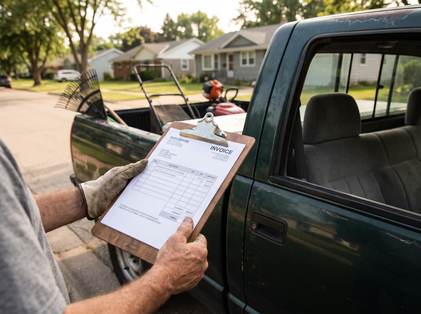 A lawn care business owner holding an invoice on a clipboard next to their work truck